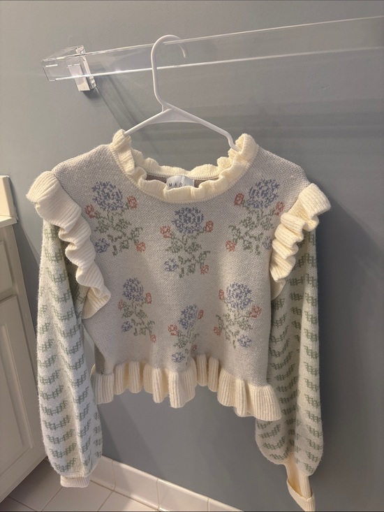 MABLE Sweaters - Floral Ruffle Knit Sweater in Cream by M.A.B.